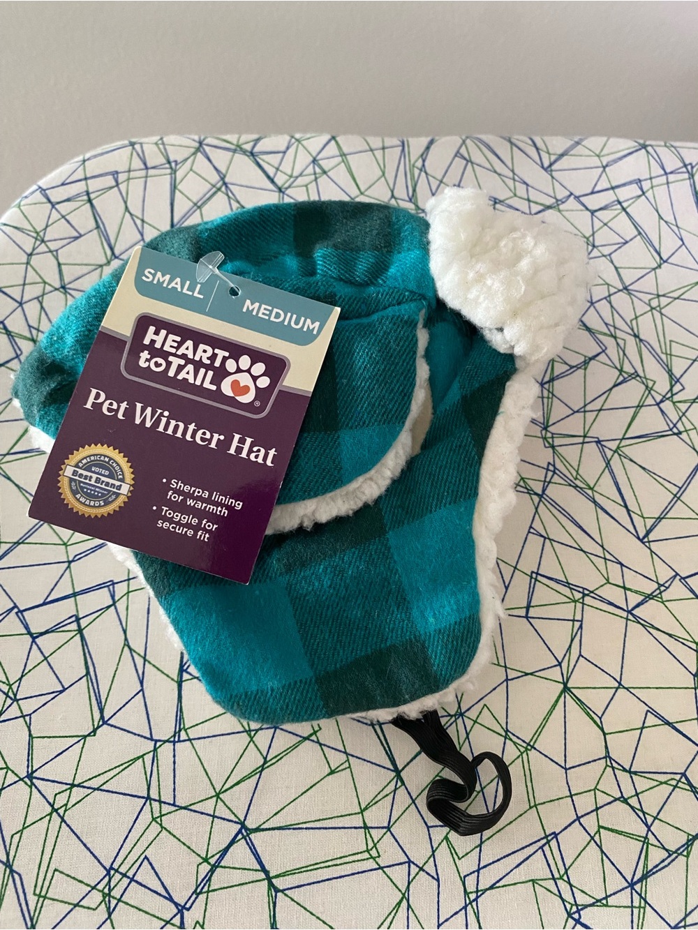wonder nation Teal Plaid Pet Winter Hat with White Sherpa Pom for dog